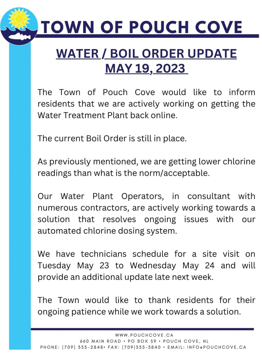Water/Boil Order Update May 19, 2023 Pouch Cove