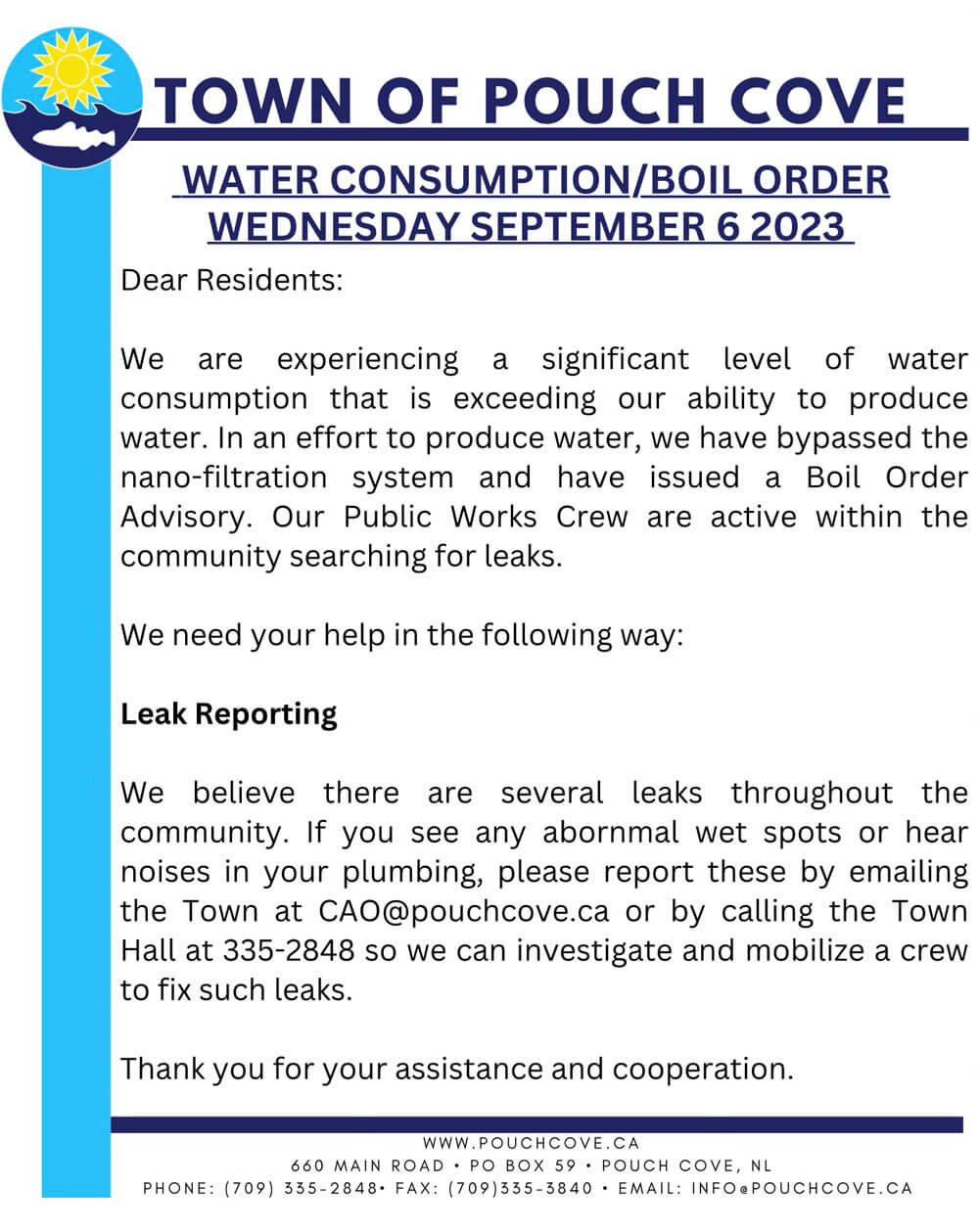 Boil Order Wednesday, September 6 2023 Pouch Cove